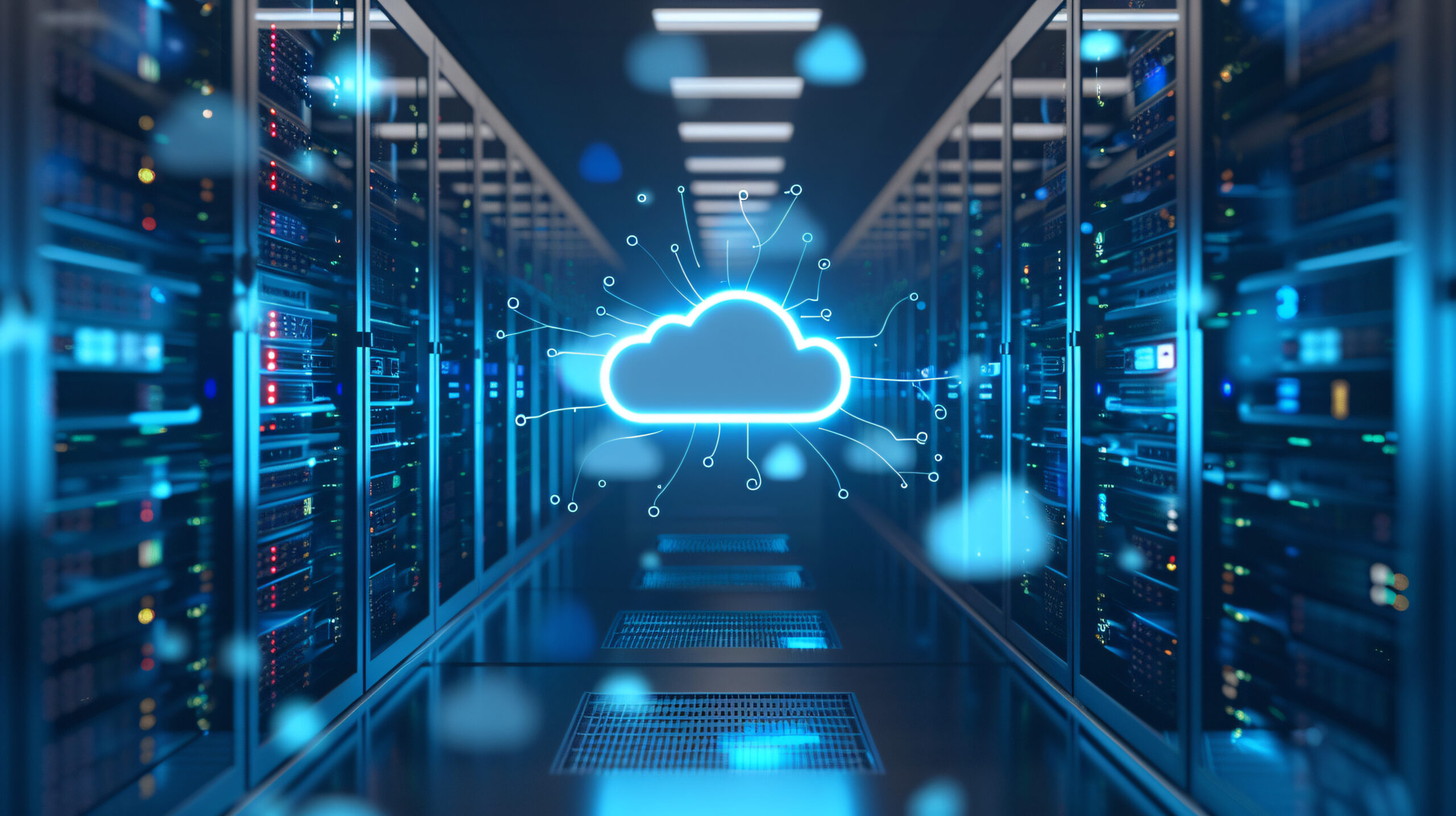 Server room with cloud on ceiling modern technology data center concept